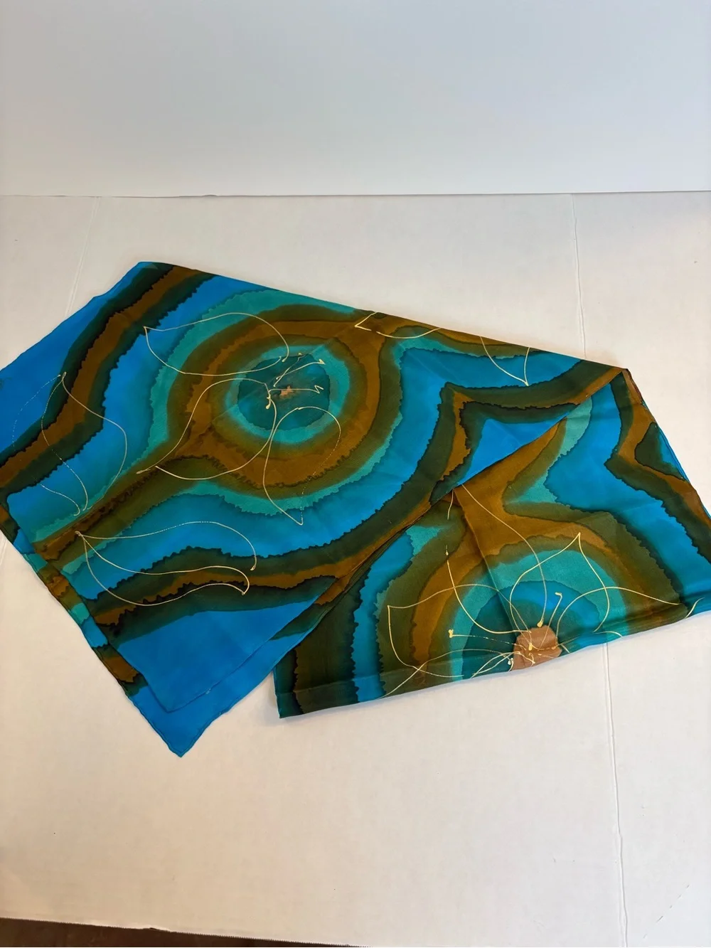 Vintage Luciano Micallef Silk Scarf Hand Painted Blue Green Flower Art Panel 54x